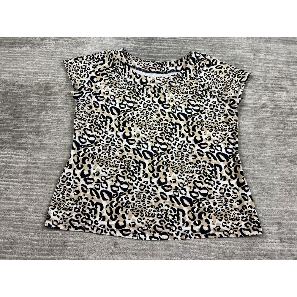 Karen Neuburger Top Women Large Tan Leopard Print Scoop Neck Short Sleeve Casual
